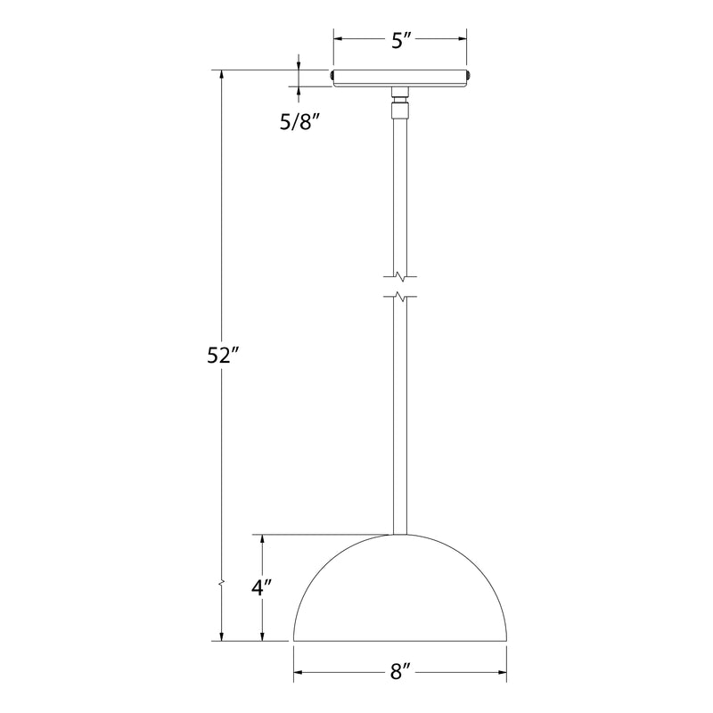Stem-hung pendant dimensions: 8 in semi-dome shade, 52 in downrod, 5 in canopy