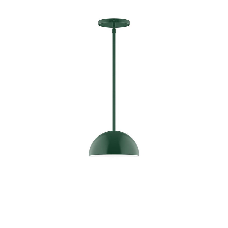 Forest green stem-hung pendant with dome shade and round ceiling canopy.