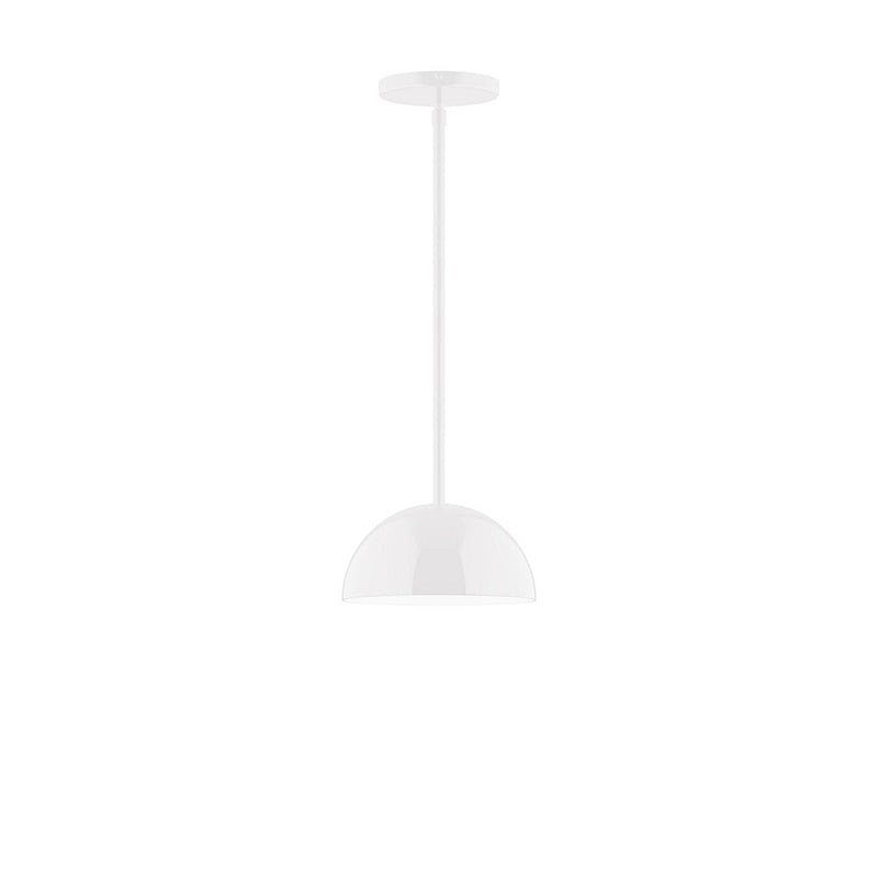White stem-hung pendant with dome shade and round ceiling canopy