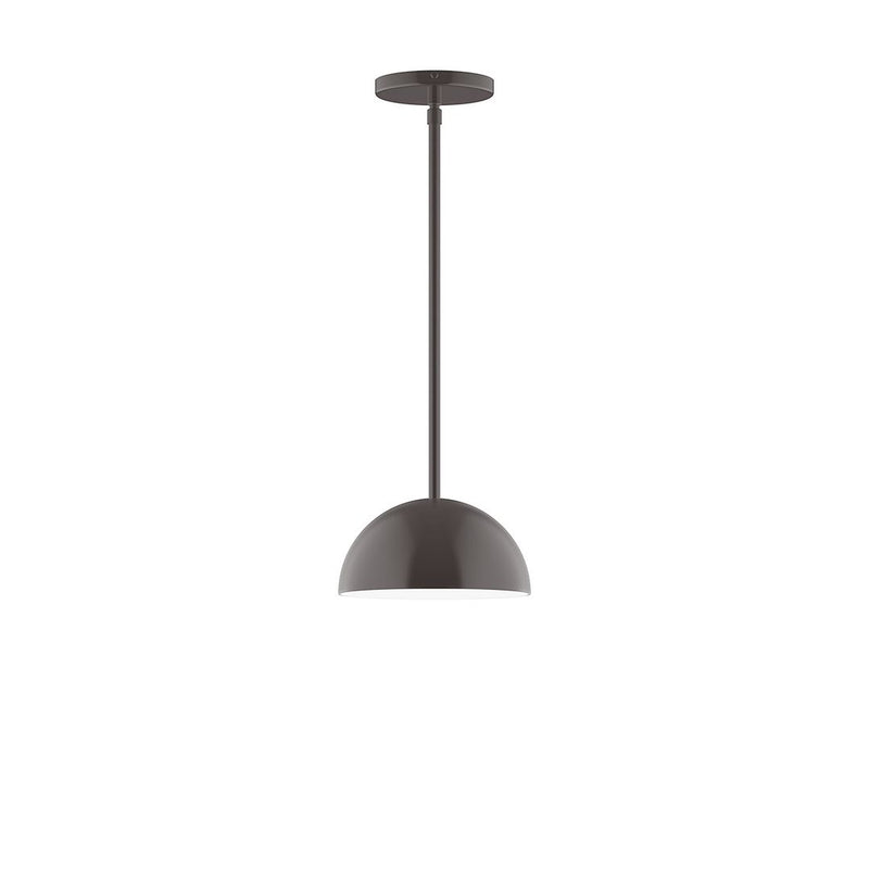 Architectural bronze stem-hung pendant with dome shade, 8 in wide.