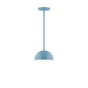 Light blue stem-hung pendant with domed shade and circular canopy