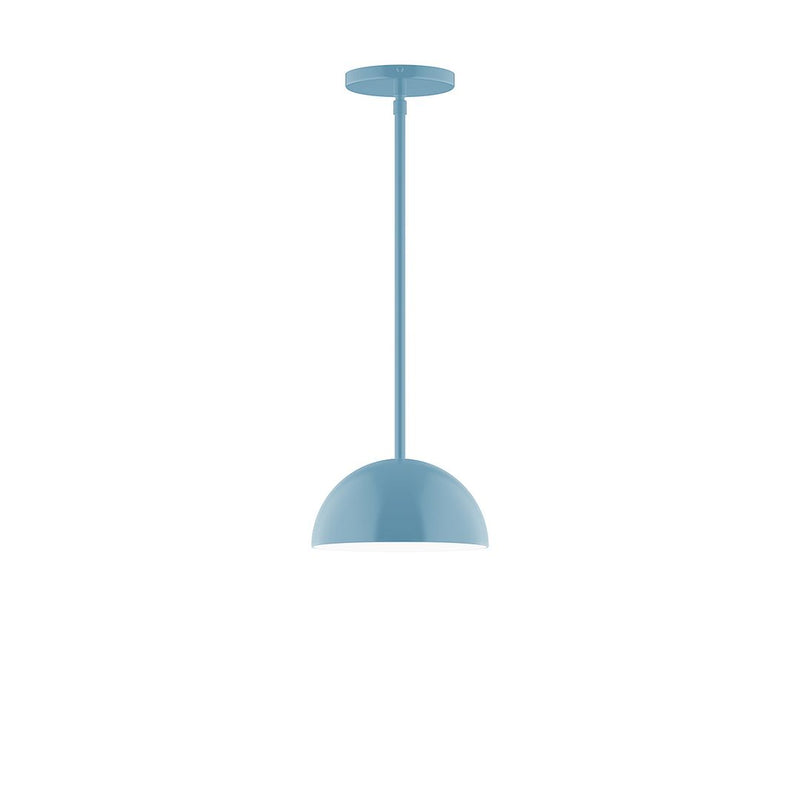 Light blue stem-hung pendant with domed shade and circular canopy