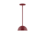 Barn red LED stem-hung pendant with rounded dome shade and ceiling canopy
