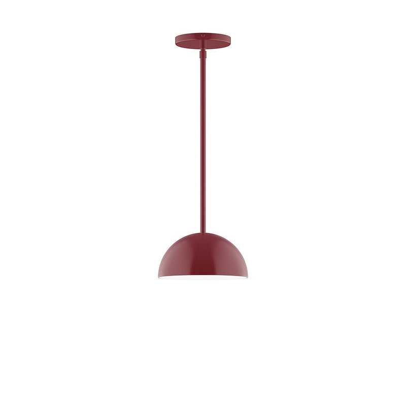 Barn red LED stem-hung pendant with rounded dome shade and ceiling canopy