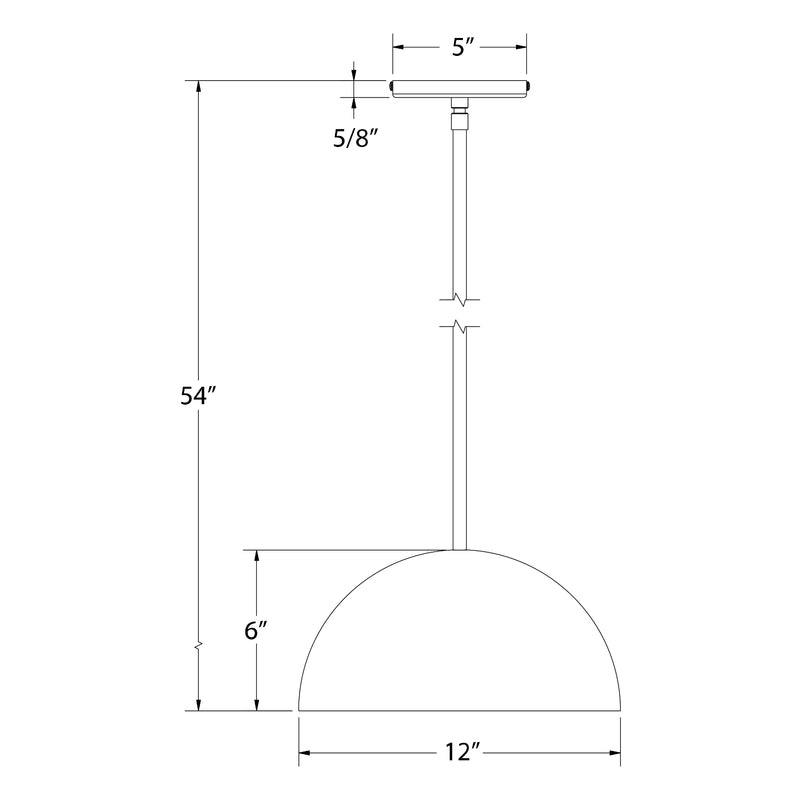 Black LED stem pendant dimension diagram, 12 in domed shade on 54 in stem