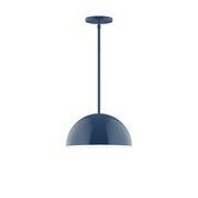 Navy LED stem-hung pendant with domed shade and round ceiling canopy