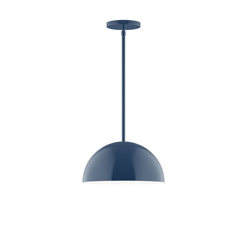 Navy LED stem-hung pendant with domed shade and round ceiling canopy