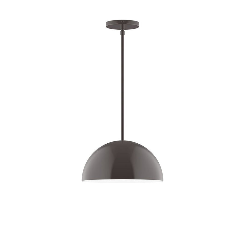 Architectural bronze stem-hung pendant with domed shade, round canopy
