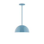 Light blue stem-hung pendant with domed shade and circular ceiling canopy