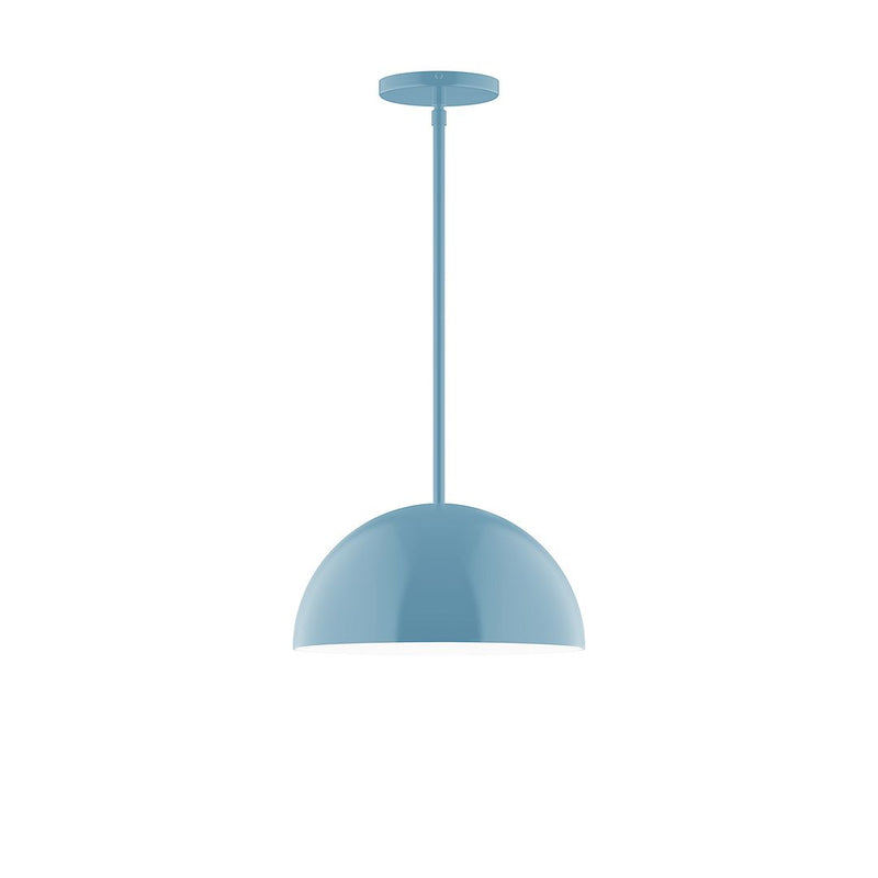 Light blue stem-hung pendant with domed shade and circular ceiling canopy