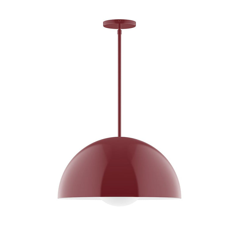 Barn red glass globe pendant with straight stem and round canopy, 18 in.