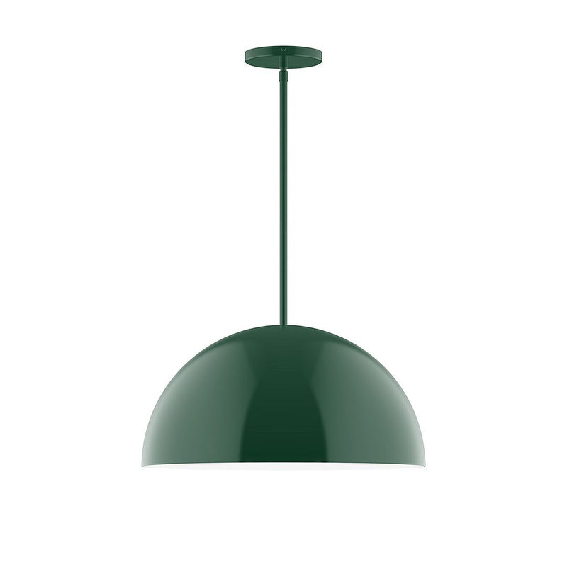 Forest green dome stem-hung pendant light with rounded shade and straight stem.