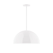 White stem-hung pendant light with rounded dome shade and vertical metal stem