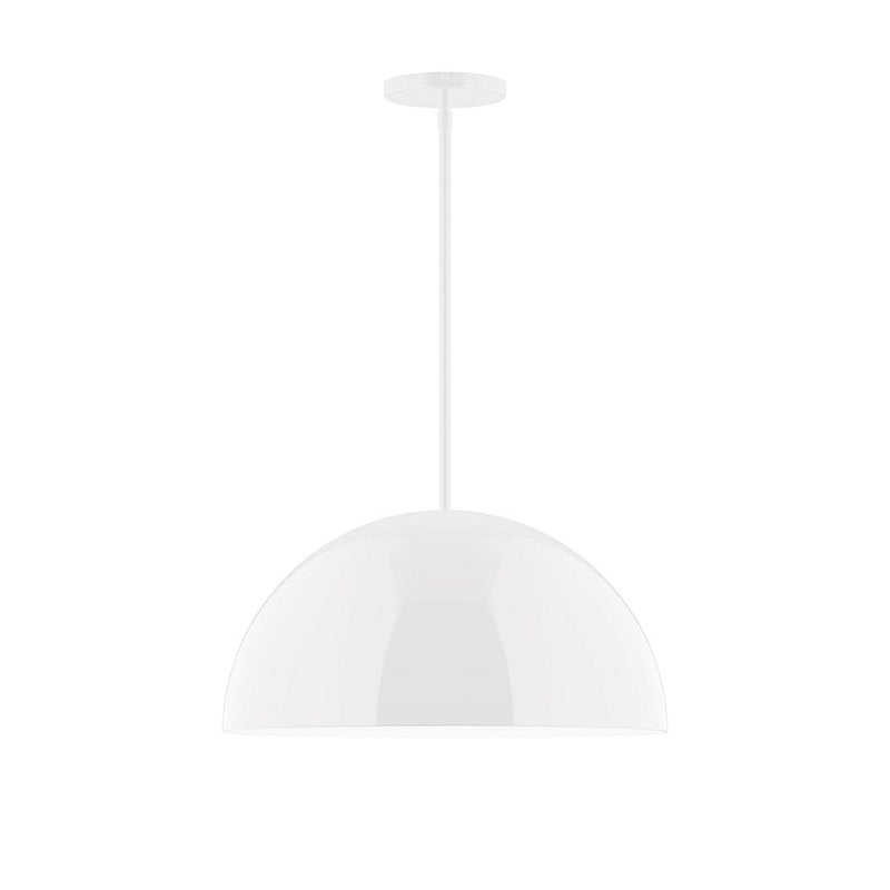White stem-hung pendant light with rounded dome shade and vertical metal stem