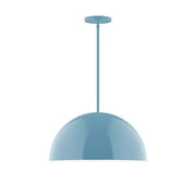 Light blue dome stem-hung pendant with round ceiling canopy and straight hanging stem