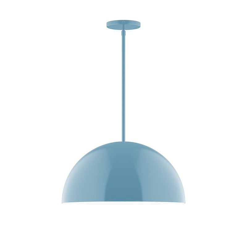 Light blue dome stem-hung pendant with round ceiling canopy and straight hanging stem
