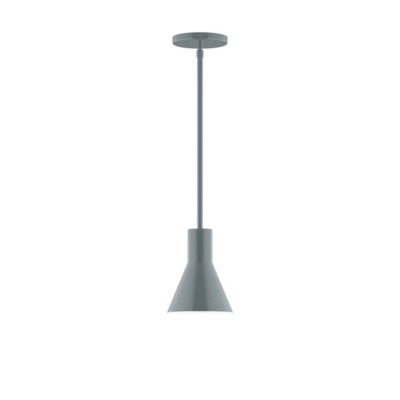 Slate gray LED stem-hung pendant with bell shade and round ceiling canopy