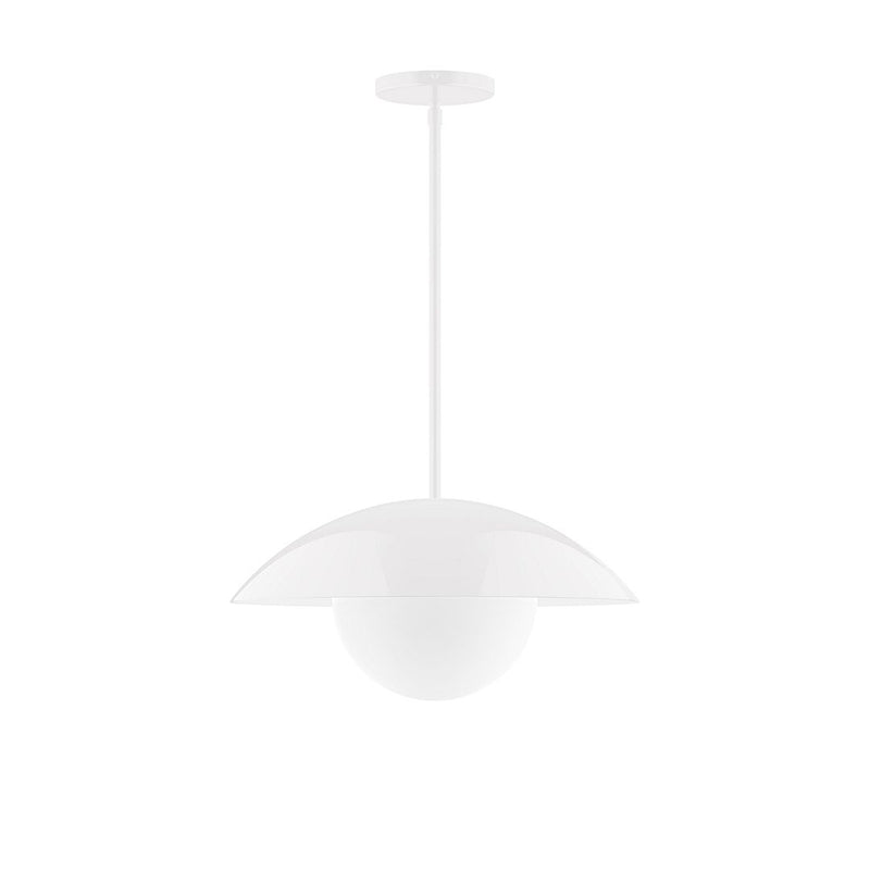 White glass globe stem-hung pendant with ceiling canopy and long stem
