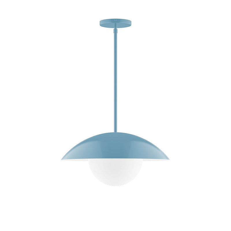 Light blue glass globe pendant light with stem and round canopy