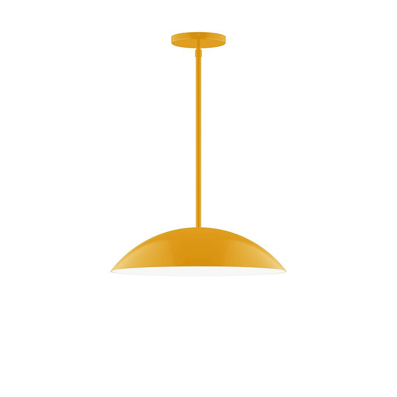 Bright yellow stem-hung pendant with wide dome shade and round canopy