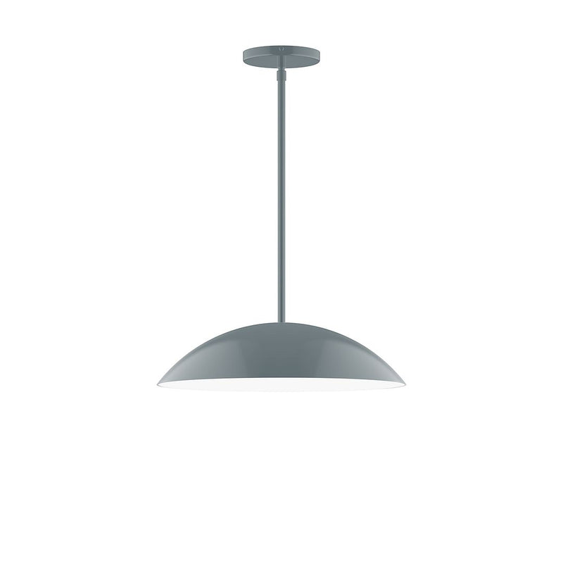 Slate gray LED stem-hung pendant with domed shade and round ceiling canopy