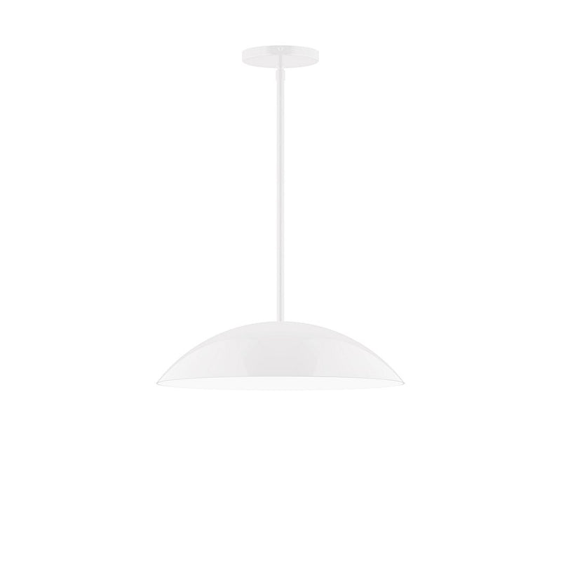 White stem-hung pendant light with wide half-moon shade