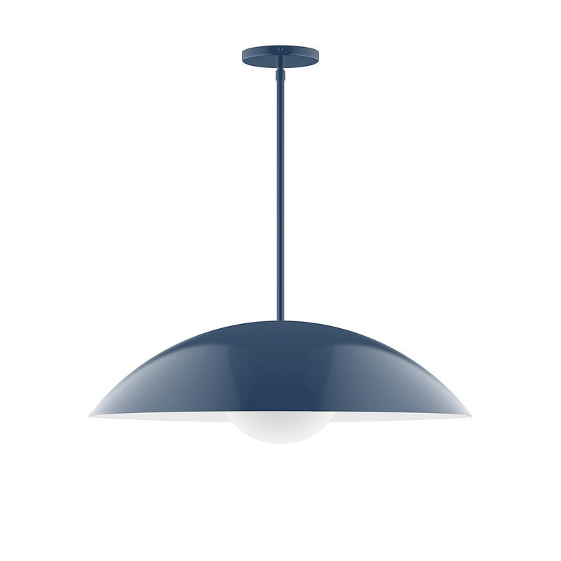 Navy metal dome pendant with hanging stem and round ceiling canopy