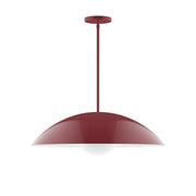 Barn red stem-hung pendant light with large curved metal dome shade