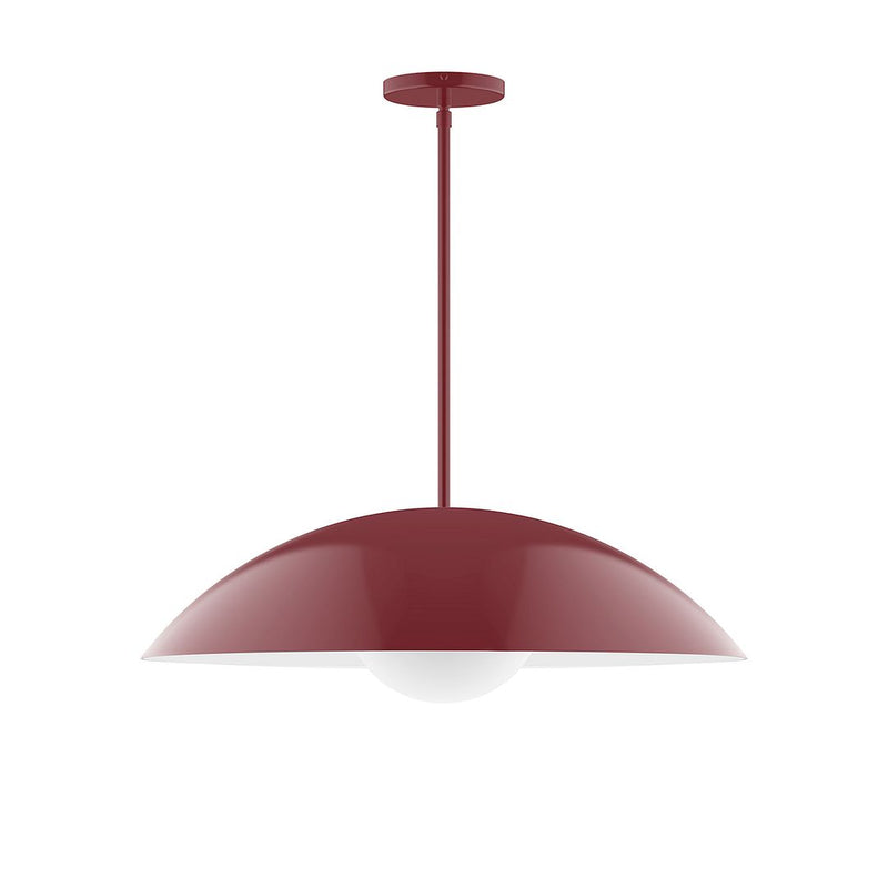 Barn red stem-hung pendant light with large curved metal dome shade