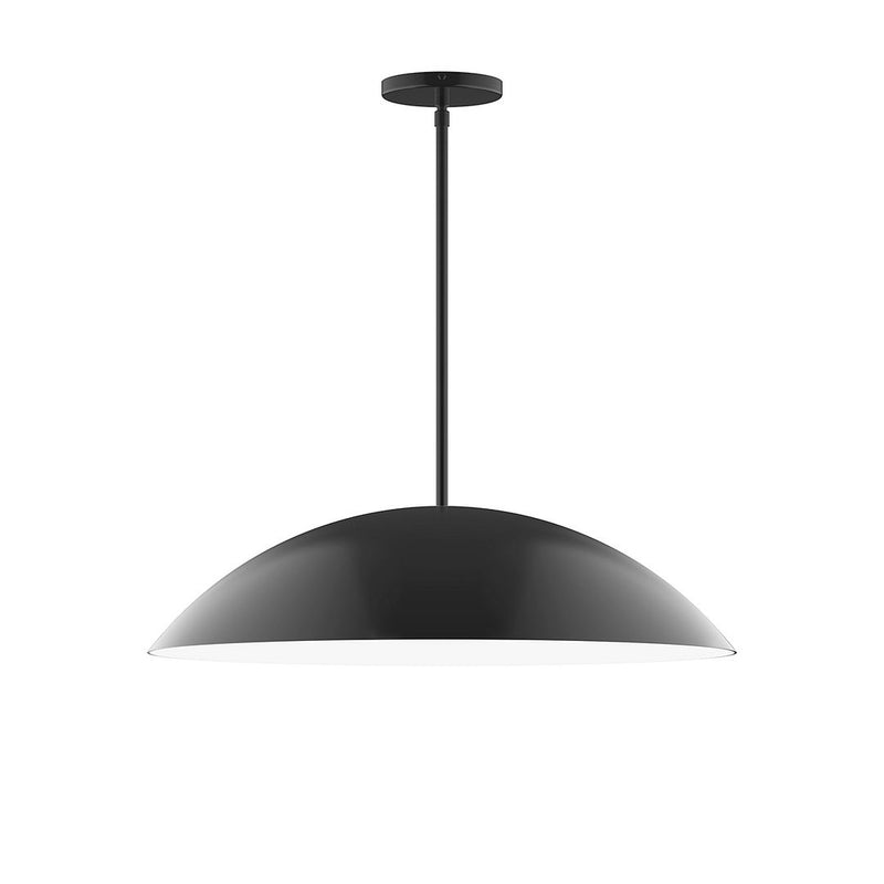 Black stem-hung pendant light with dome shade, 24 in wide and 54 in high