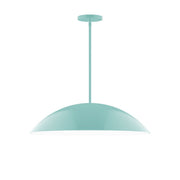 Sea green stem-hung pendant with wide dome shade and circular ceiling canopy