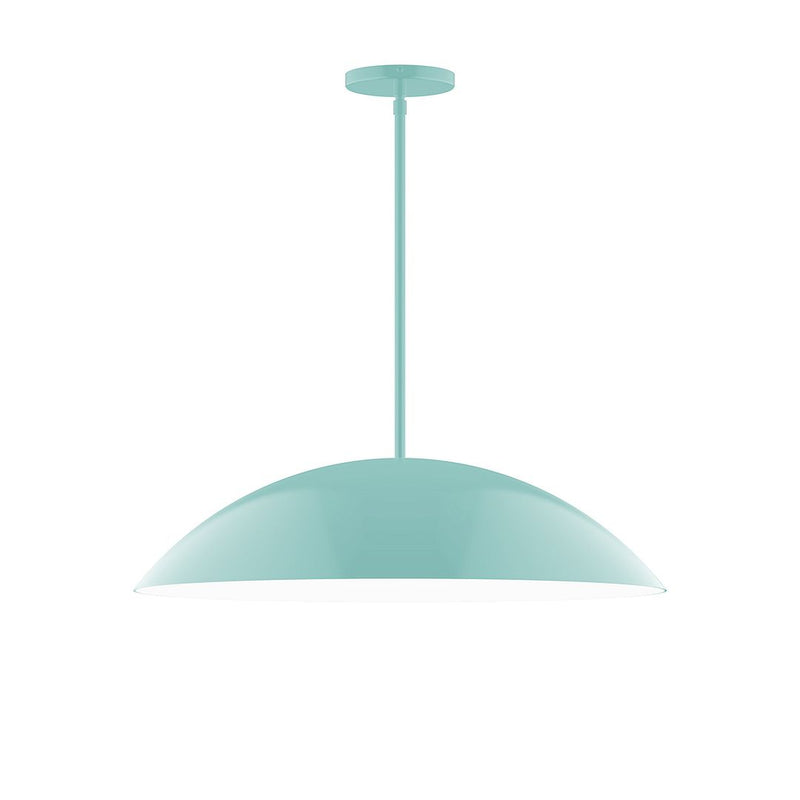 Sea green stem-hung pendant with wide dome shade and circular ceiling canopy