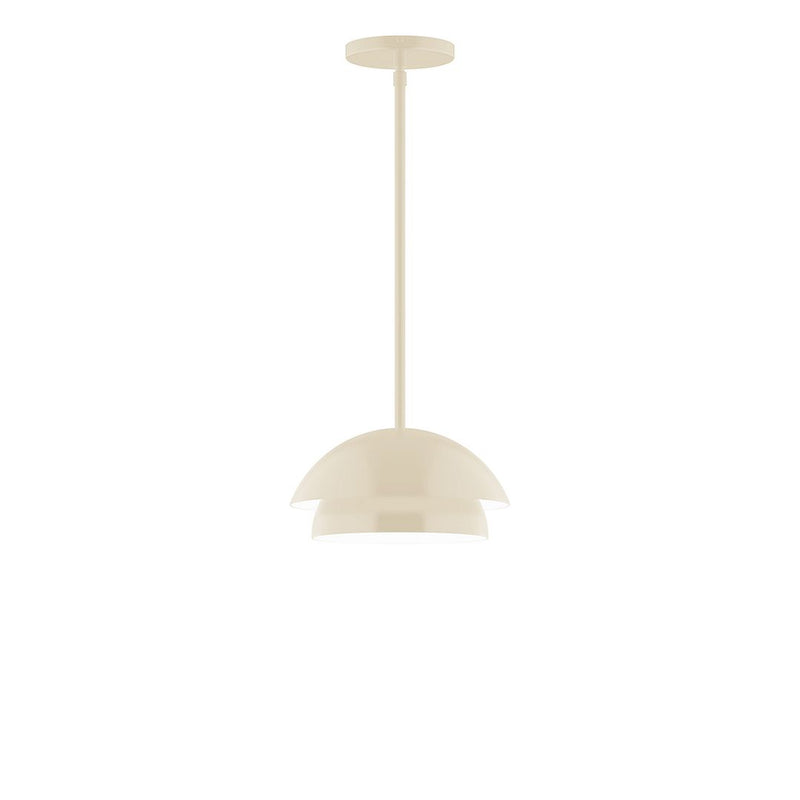 Cream LED stem-hung pendant light with dome-shaped shade and straight downrod