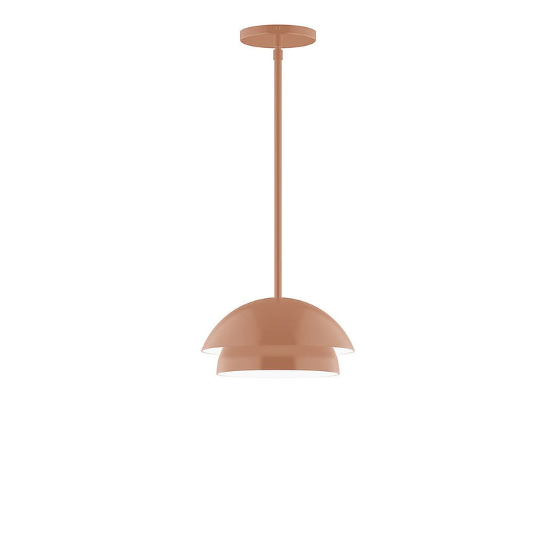 Terracotta stem-hung pendant with rounded dome shade and flat top canopy