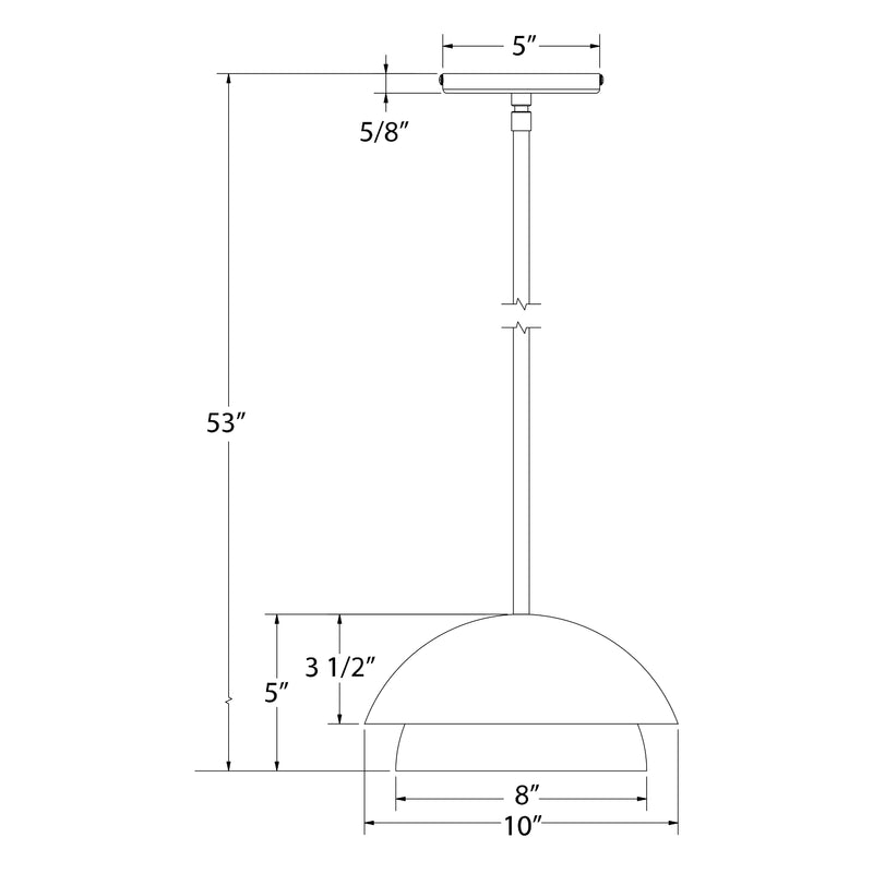 Pendant light dimensions: dome shade 10" wide, 5" high; 53" overall length