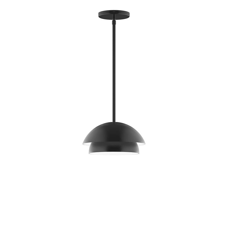 Black stem-hung pendant light with dome shade and vertical downrod