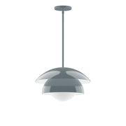 Slate gray stem-hung pendant with frosted glass globe and metal canopy
