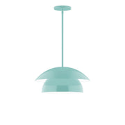 Sea green stem-hung pendant with dome shade and ceiling canopy