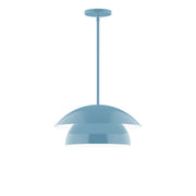 Light blue stem-hung pendant with dome shade and round ceiling canopy