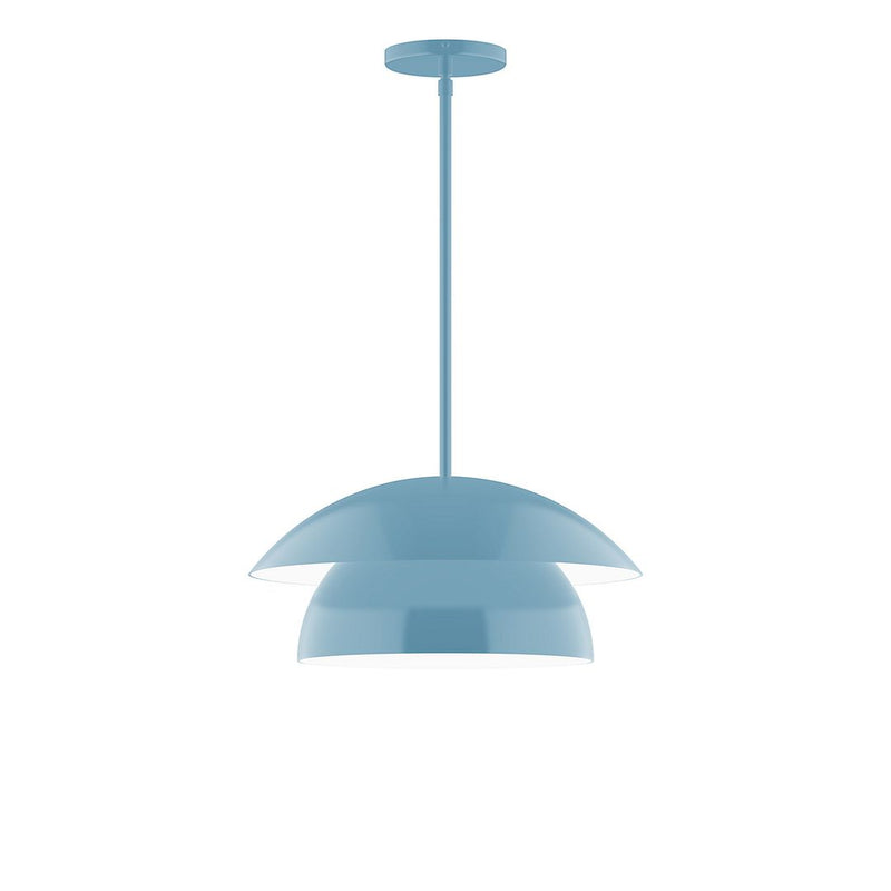 Light blue stem-hung pendant with dome shade and round ceiling canopy
