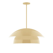Ivory stem-hung pendant light with domed glass shade and round ceiling canopy