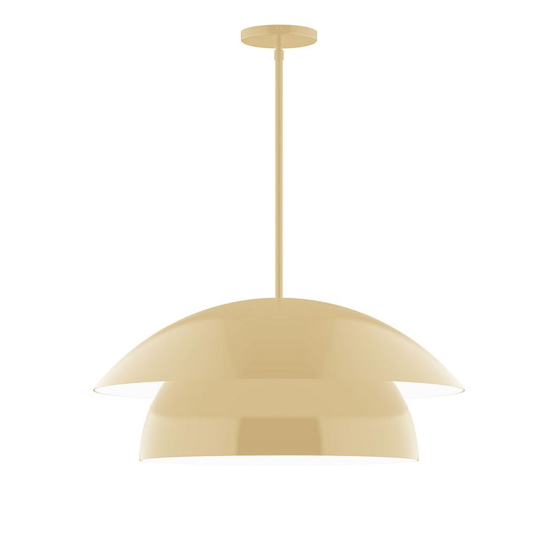 Ivory stem-hung pendant light with domed glass shade and round ceiling canopy