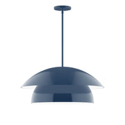 Navy dome stem-hung pendant light with flared shade and round ceiling canopy