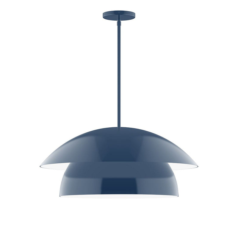 Navy dome stem-hung pendant light with flared shade and round ceiling canopy