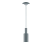 Slate gray stem-hung pendant with cylindrical shade and round ceiling canopy