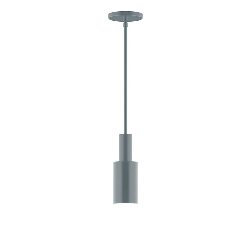 Slate gray stem-hung pendant with cylindrical shade and round ceiling canopy