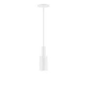 White LED stem-hung pendant with cylinder diffuser and ceiling canopy.