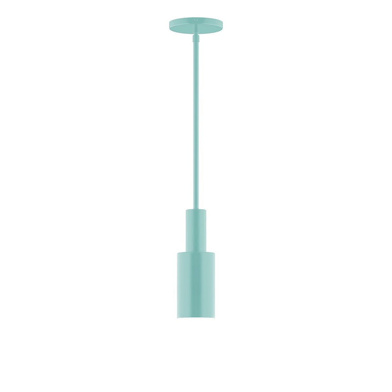 Sea green stem-hung pendant with cylindrical shade and vertical rod