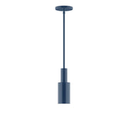 Navy stem-hung pendant light with cylindrical shade and canopy