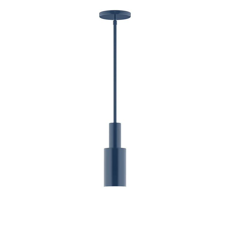Navy stem-hung pendant light with cylindrical shade and canopy
